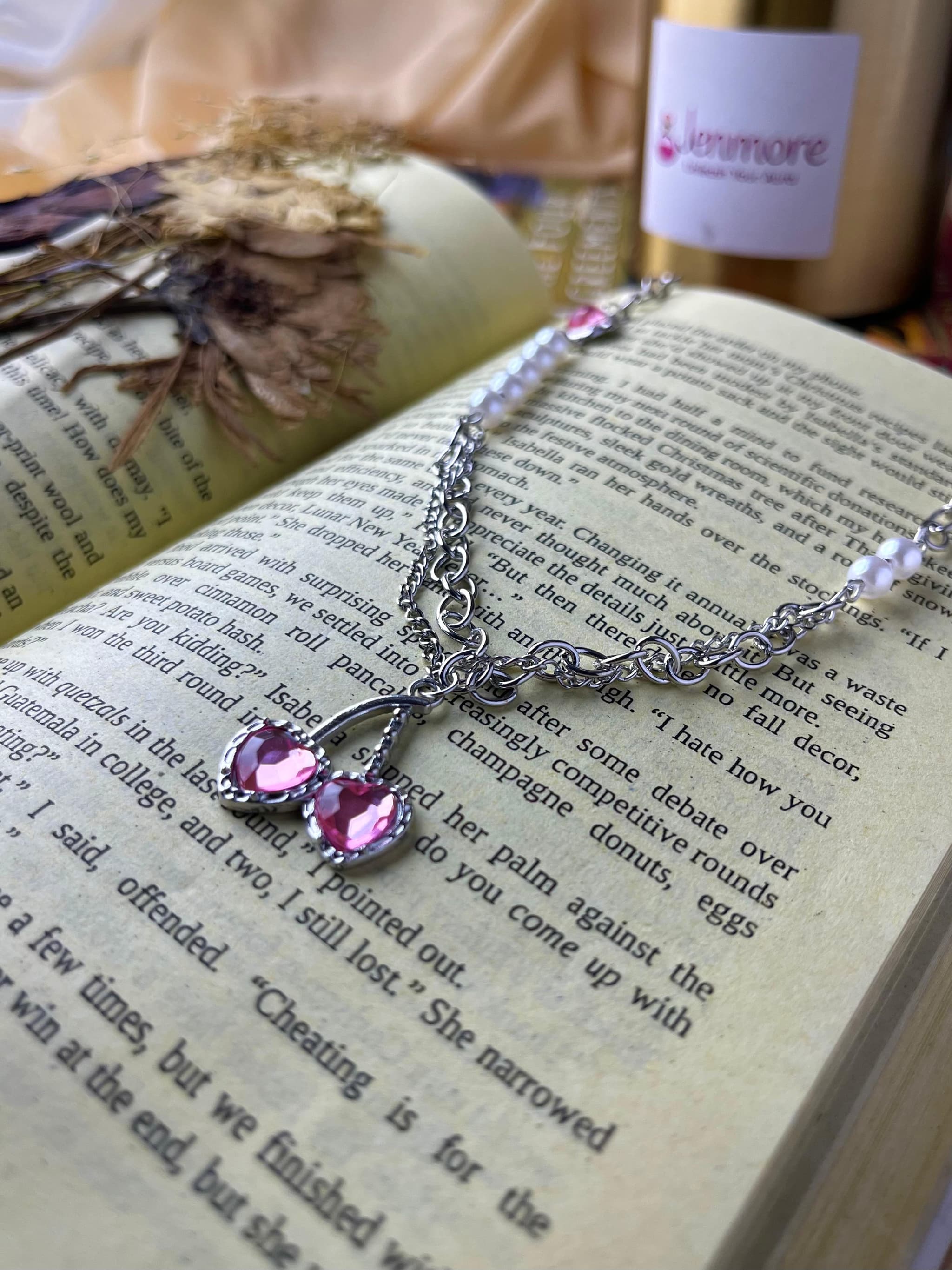 Double Pink Crystal Heart Chain Necklace thumbnail 3