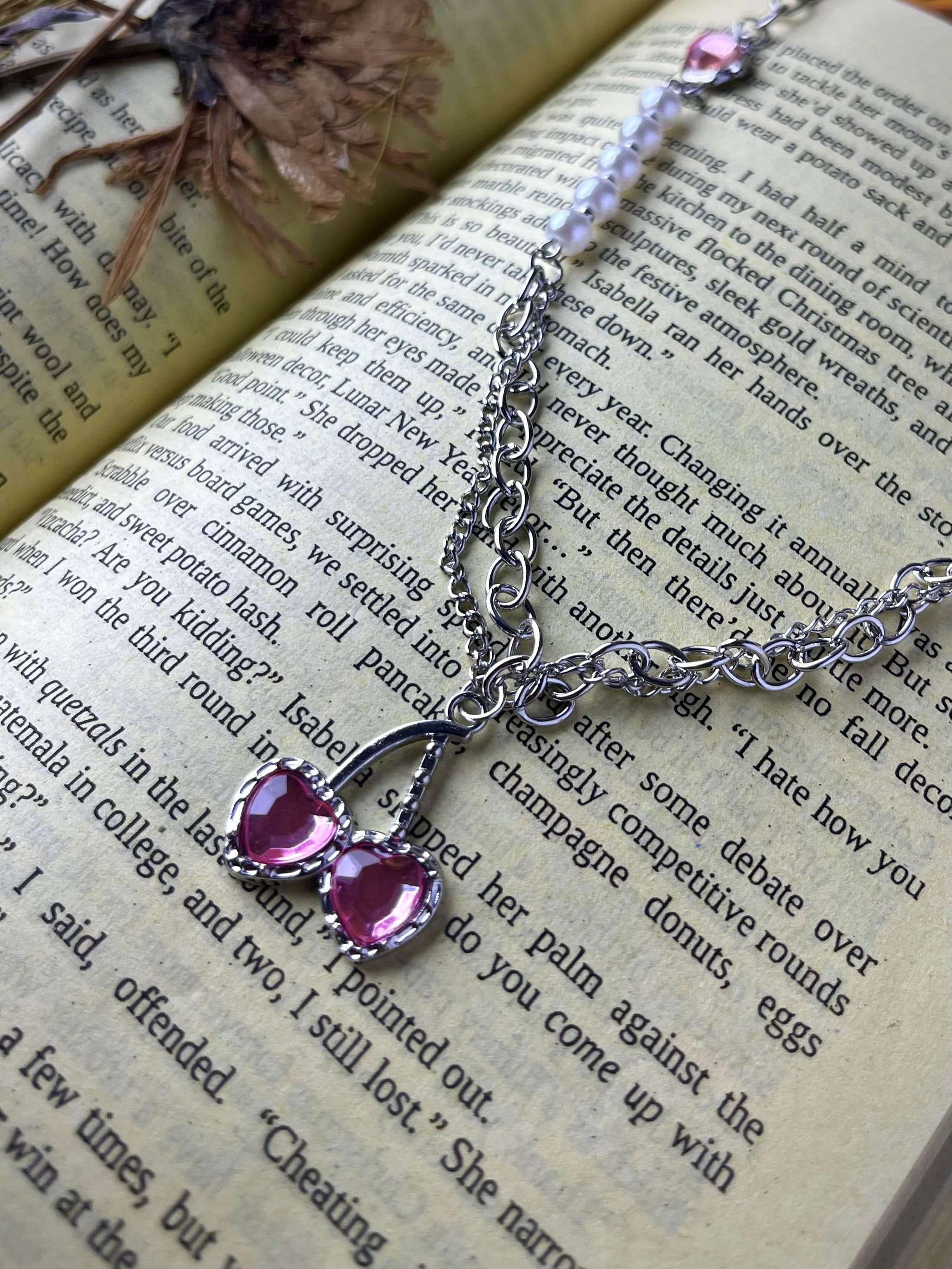 Double Pink Crystal Heart Chain Necklace