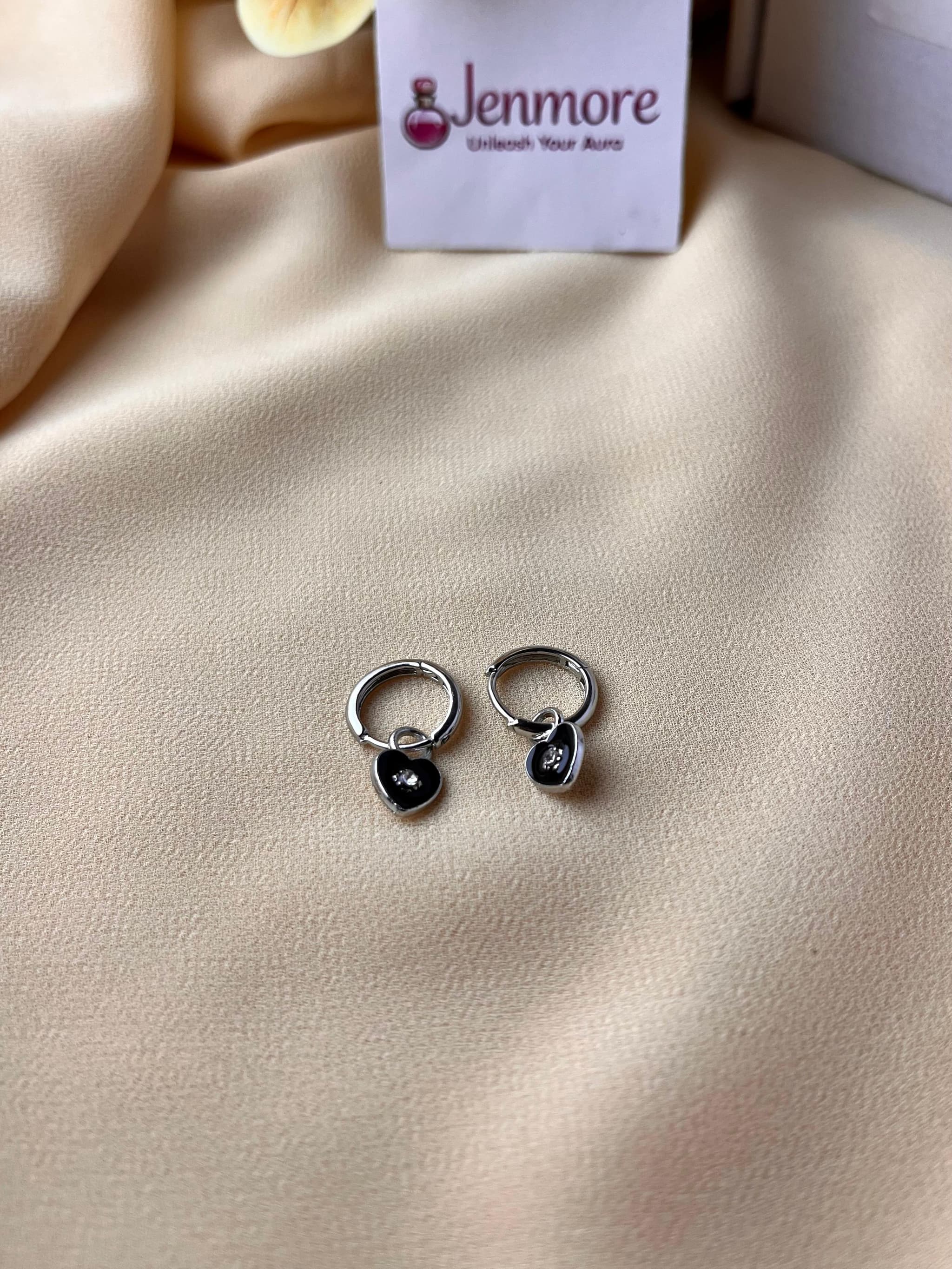 Jenmore Midnight Sweetheart Black Enamel Rhinestone Heart Hoop Earrings thumbnail 2