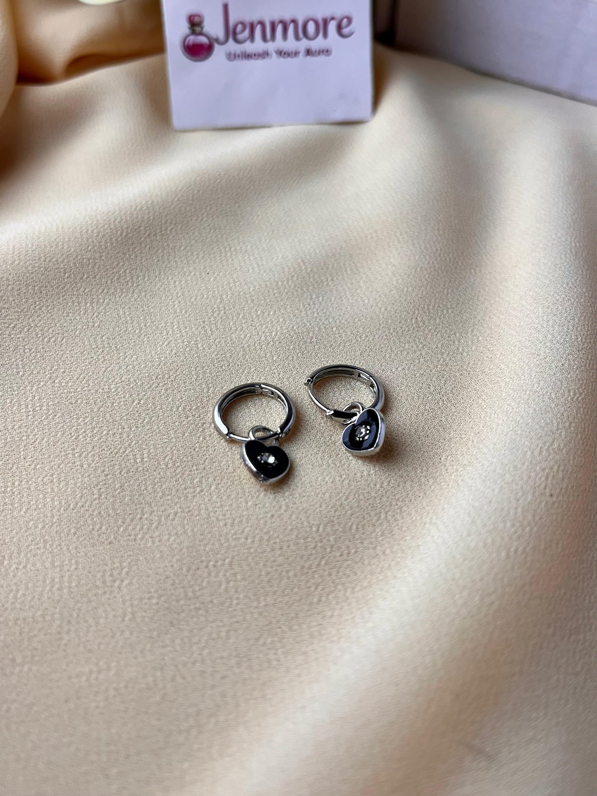 Jenmore Midnight Sweetheart Black Enamel Rhinestone Heart Hoop Earrings thumbnail 3