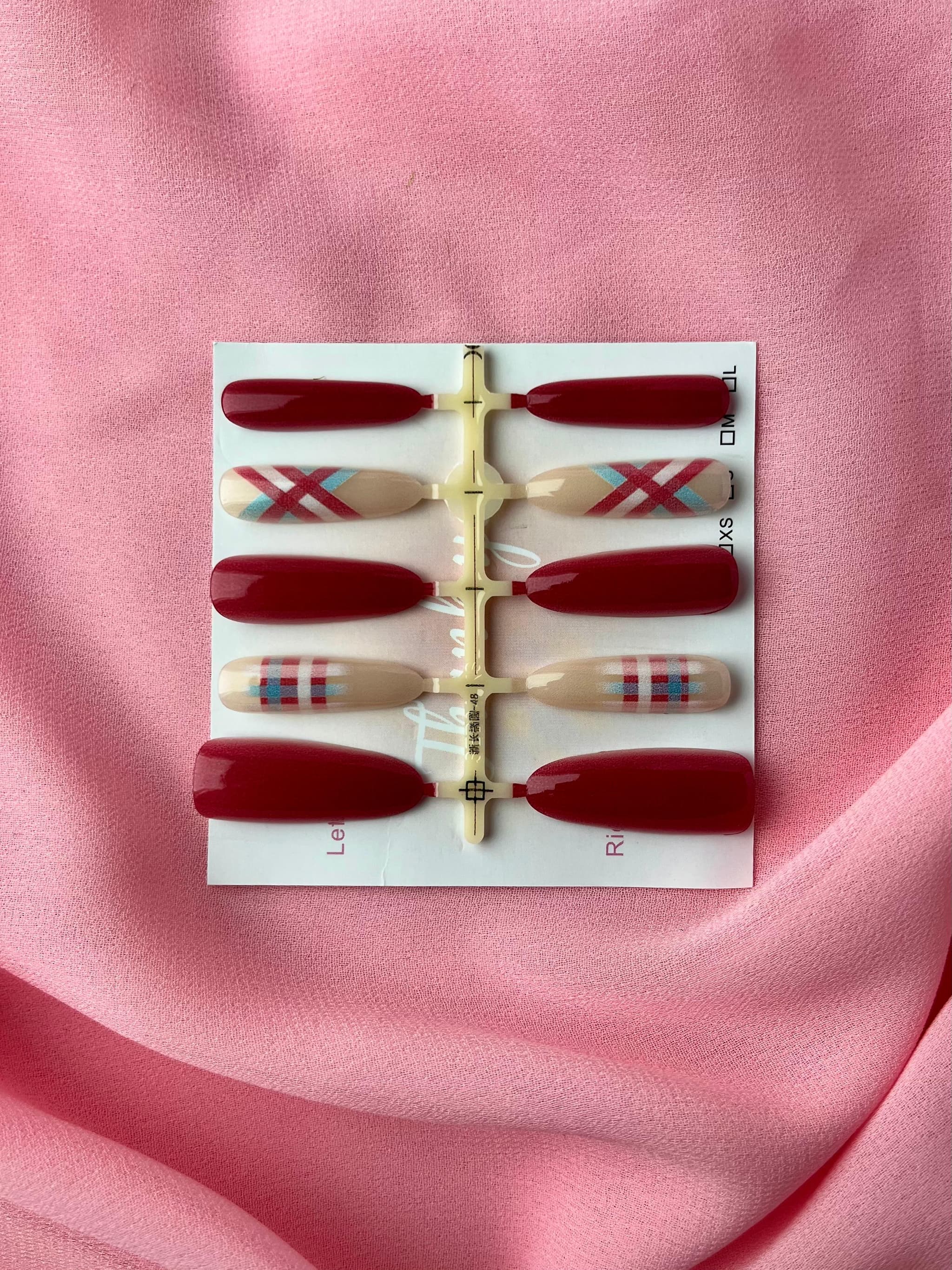 Jenmore Autumn Plaid Burgundy & Nude Coquette Press-On Nail Set (Includes Nail Glue) thumbnail 2