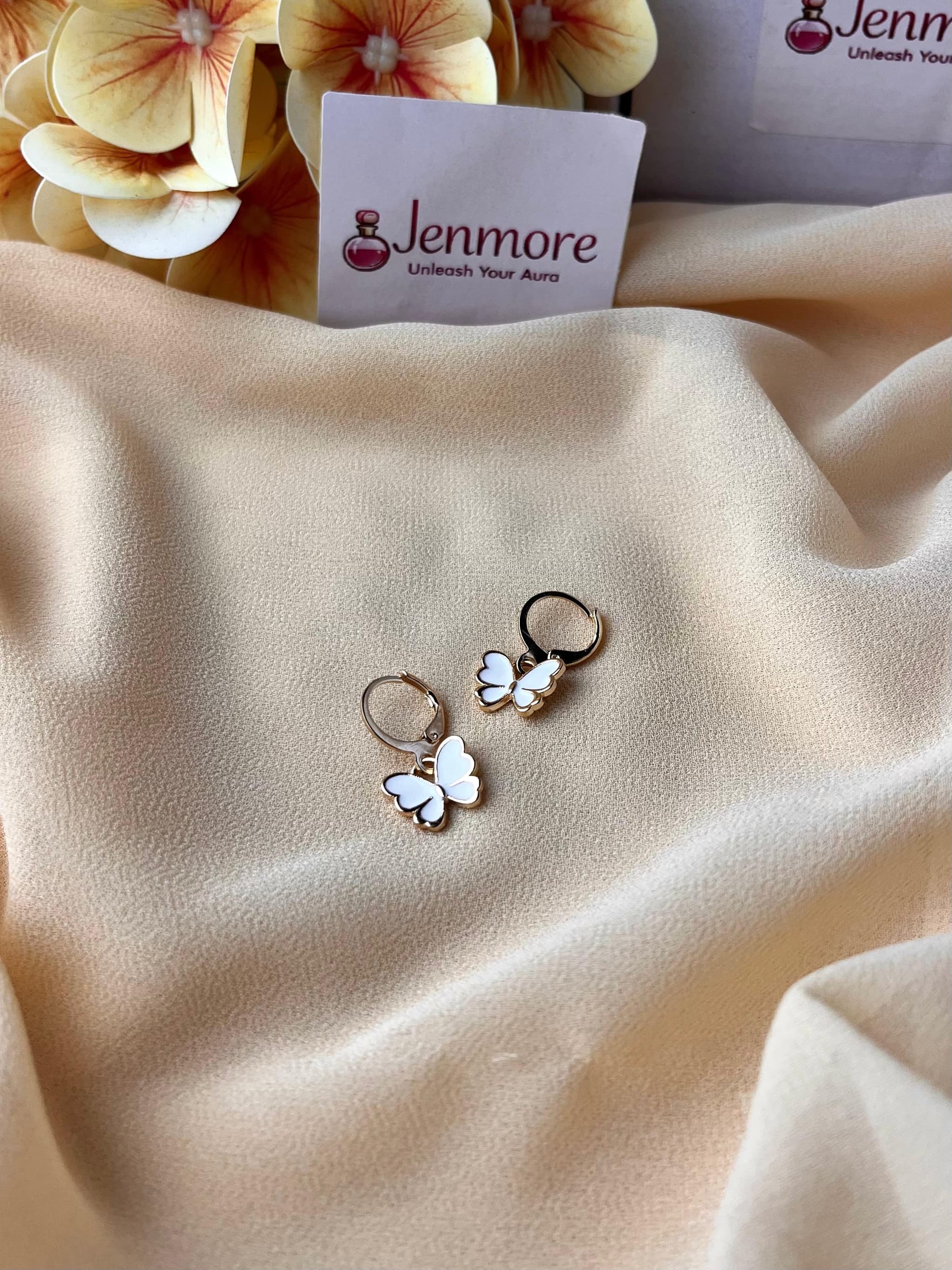 Jenmore White Enamel Blossom Butterfly Leverback Drop Earrings thumbnail 2
