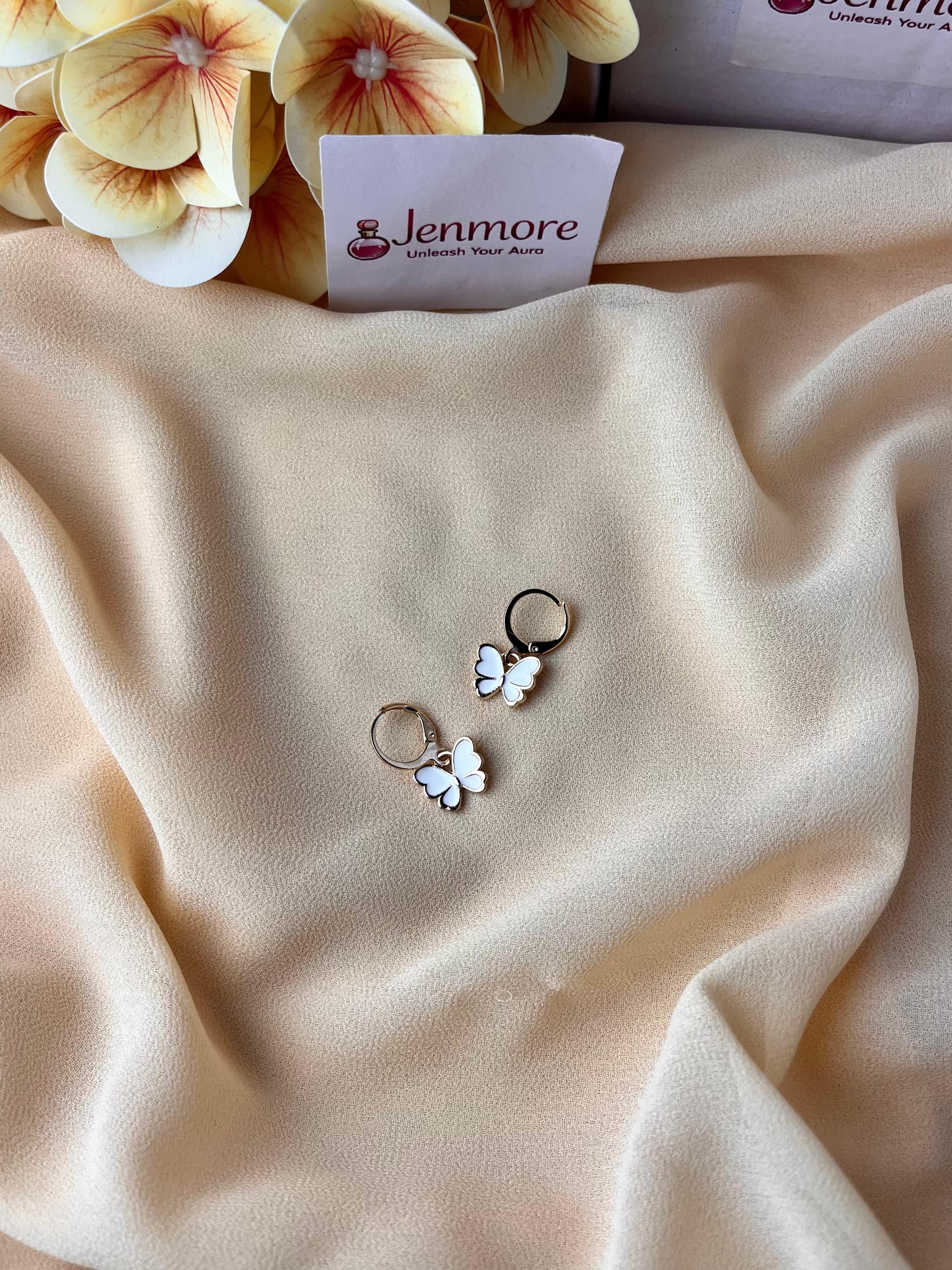 Jenmore White Enamel Blossom Butterfly Leverback Drop Earrings thumbnail 3