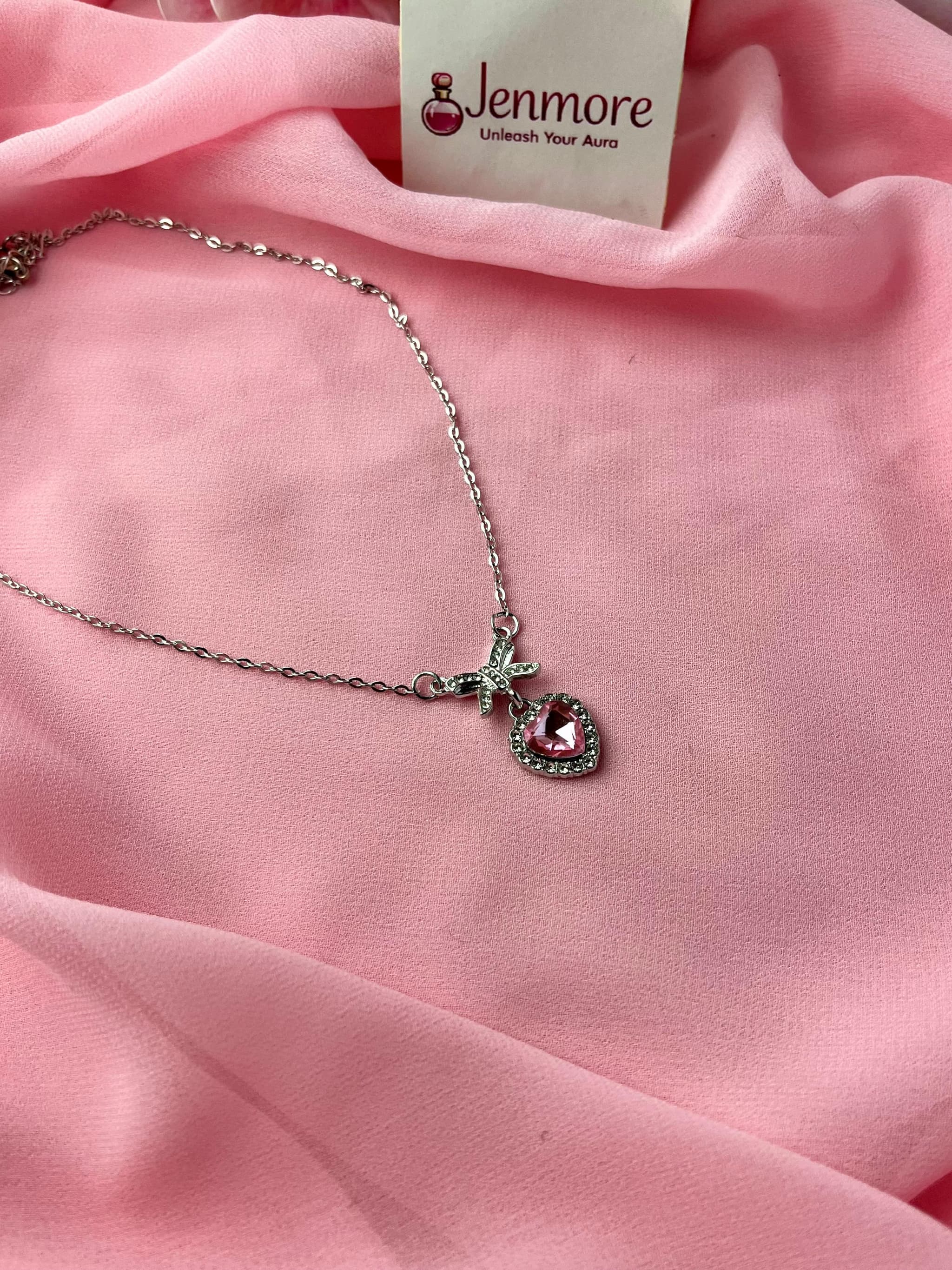 Jenmore Coquette Sweetheart Pink Crystal Ribbon Bow Pendant Necklace thumbnail 3