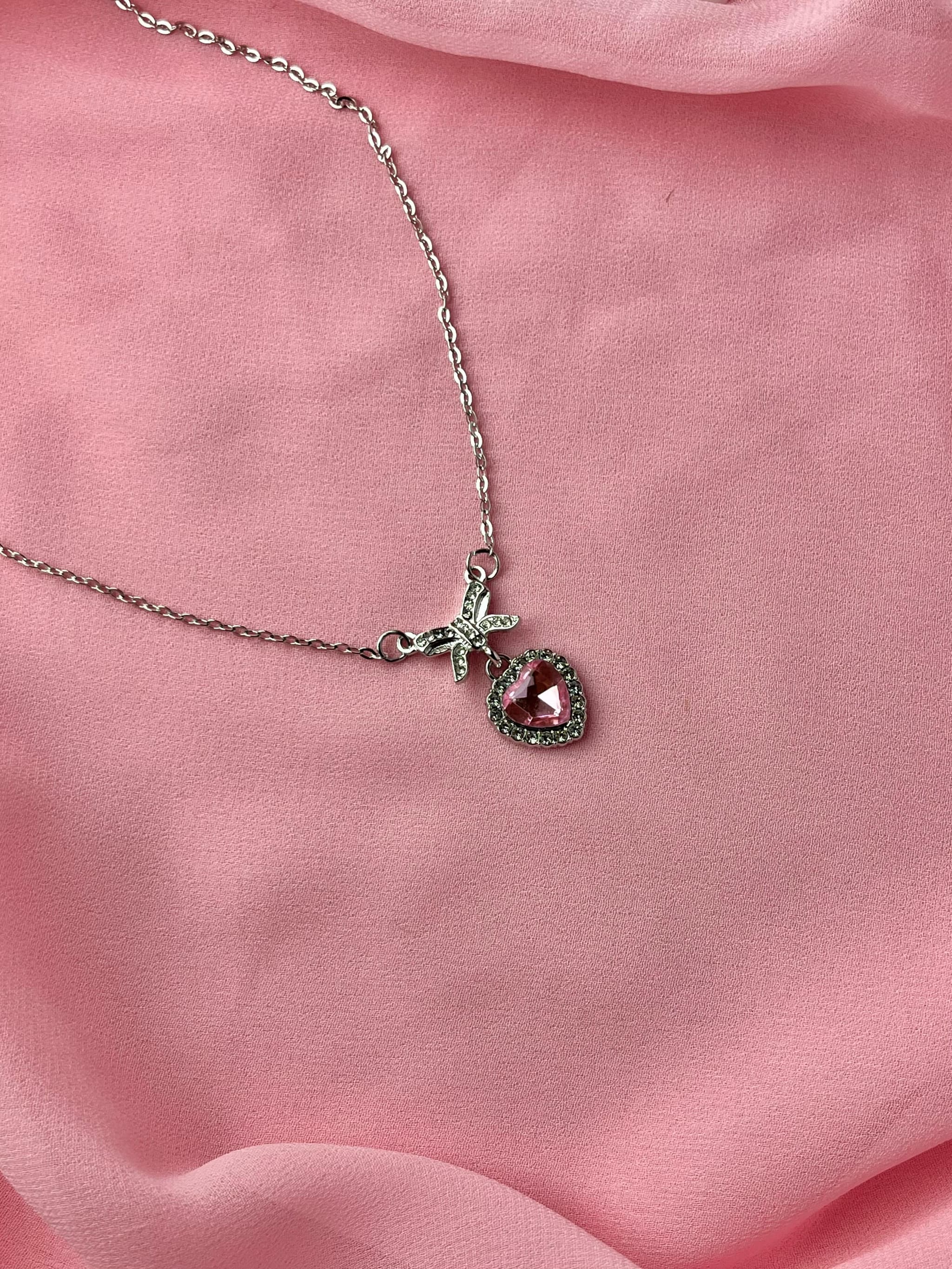 Jenmore Coquette Sweetheart Pink Crystal Ribbon Bow Pendant Necklace
