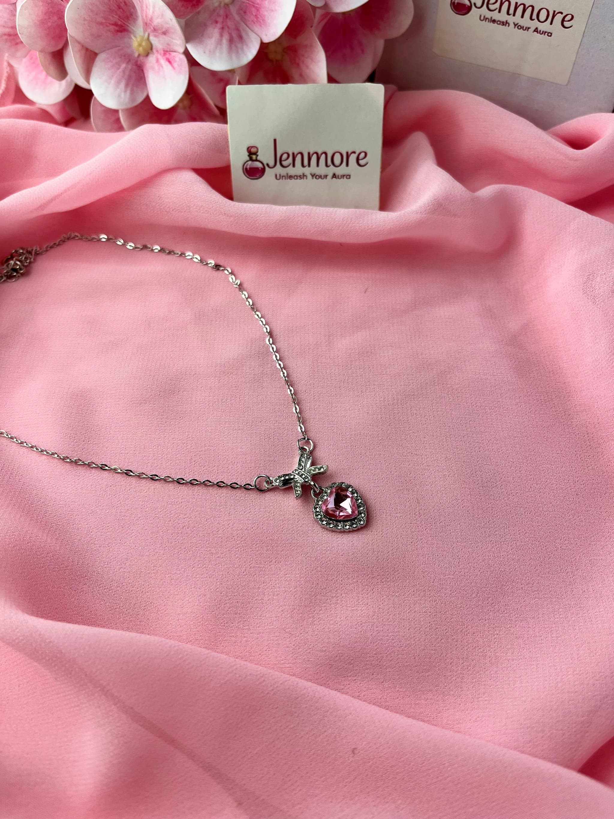 Jenmore Coquette Sweetheart Pink Crystal Ribbon Bow Pendant Necklace