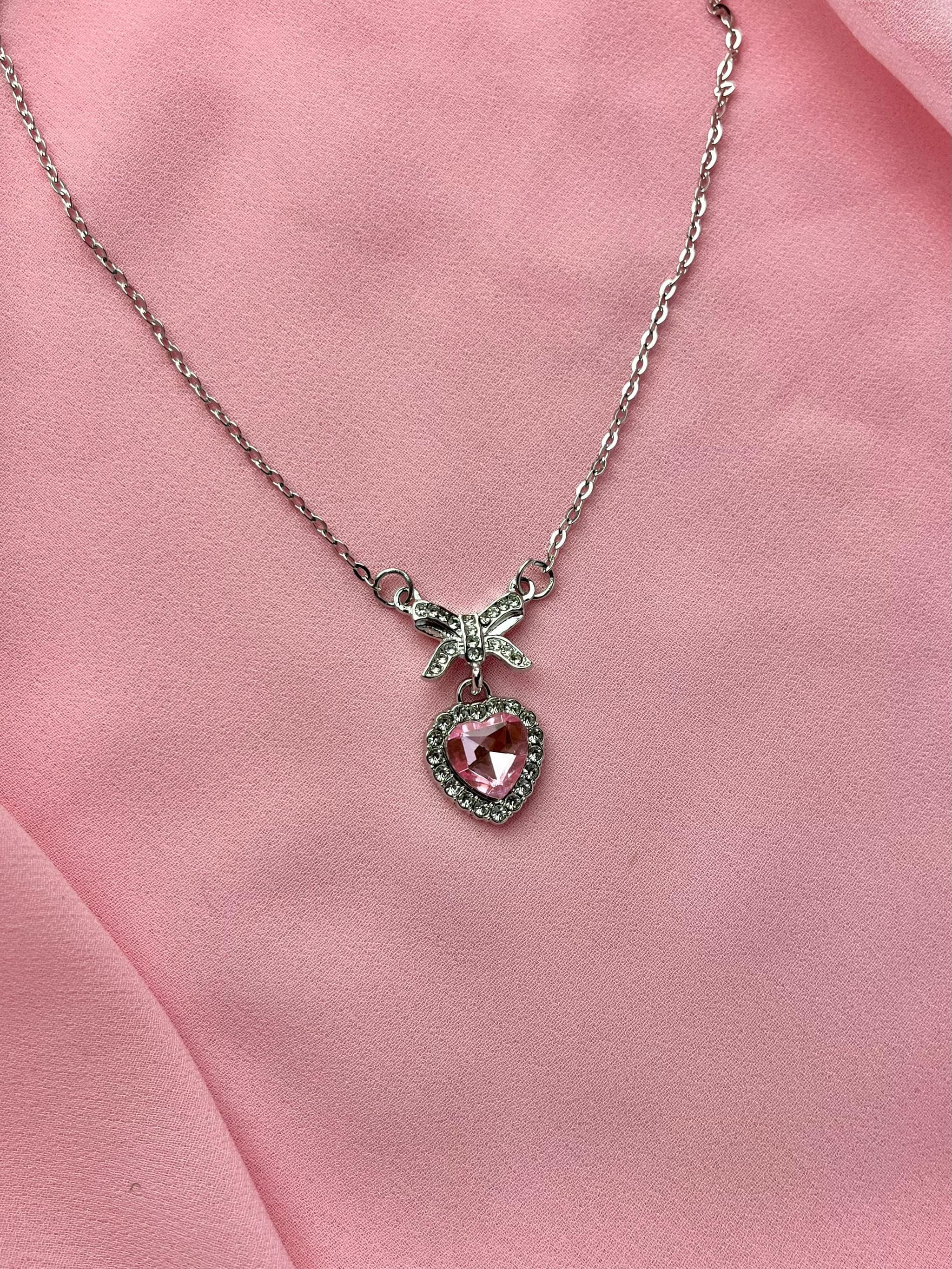 Jenmore Coquette Sweetheart Pink Crystal Ribbon Bow Pendant Necklace thumbnail 2