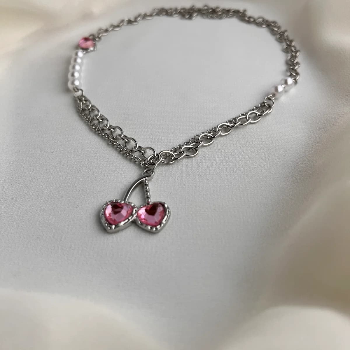 Double Pink Crystal Heart Chain Necklace