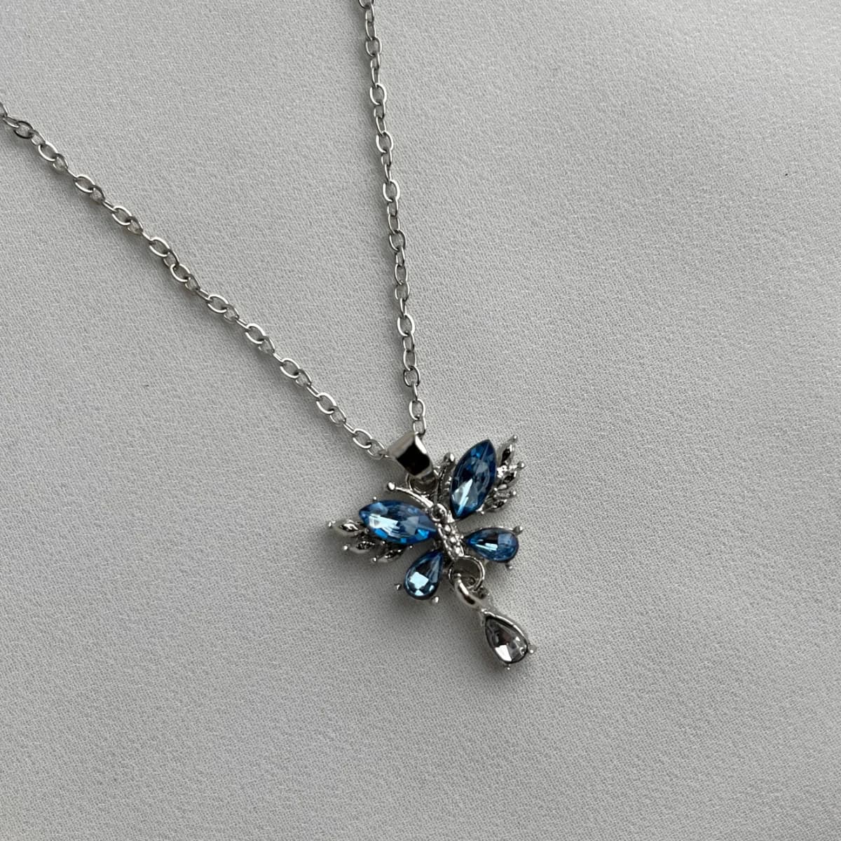 Jenmore Cerulean Morpho Silver Droplet Necklace