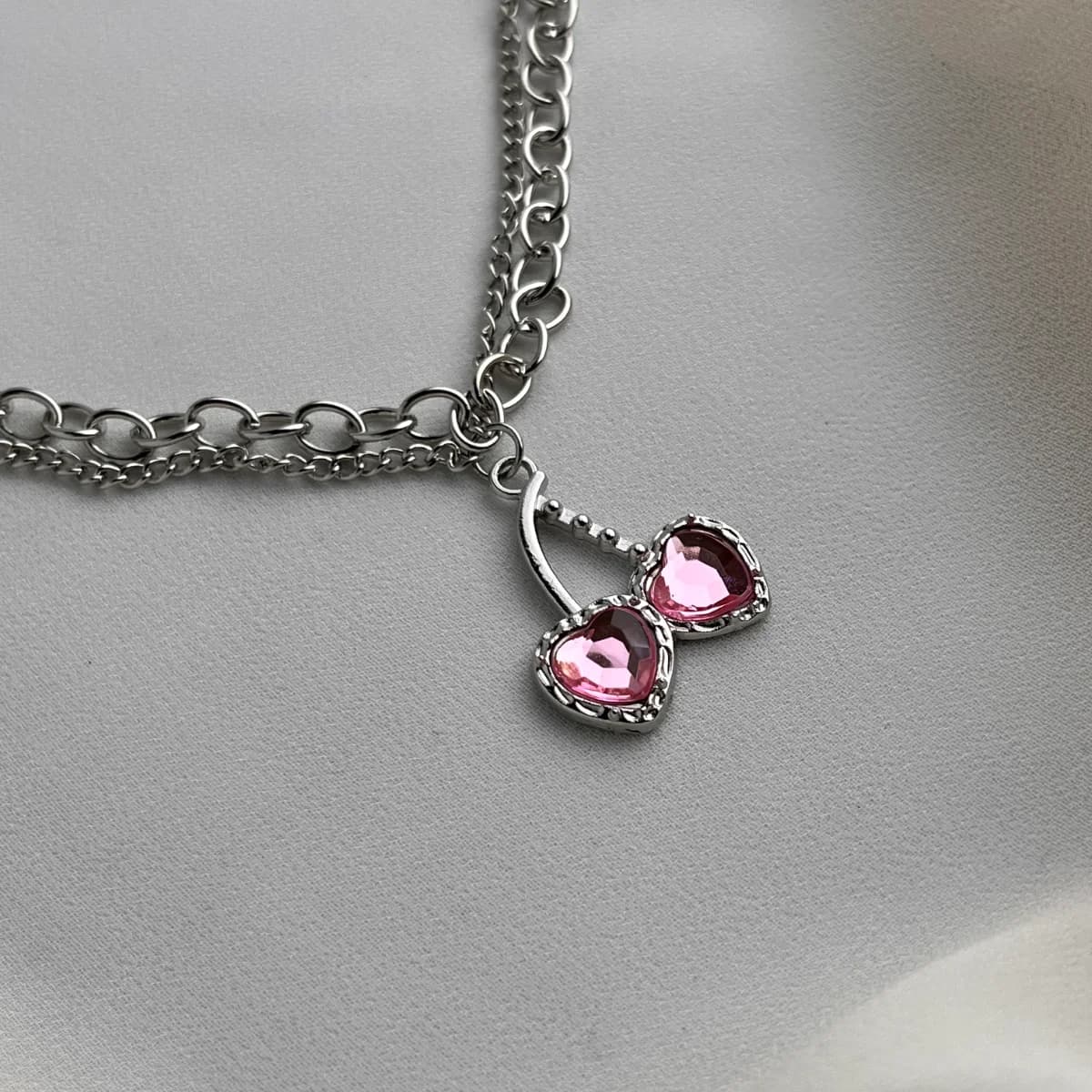 Double Pink Crystal Heart Chain Necklace — view 2