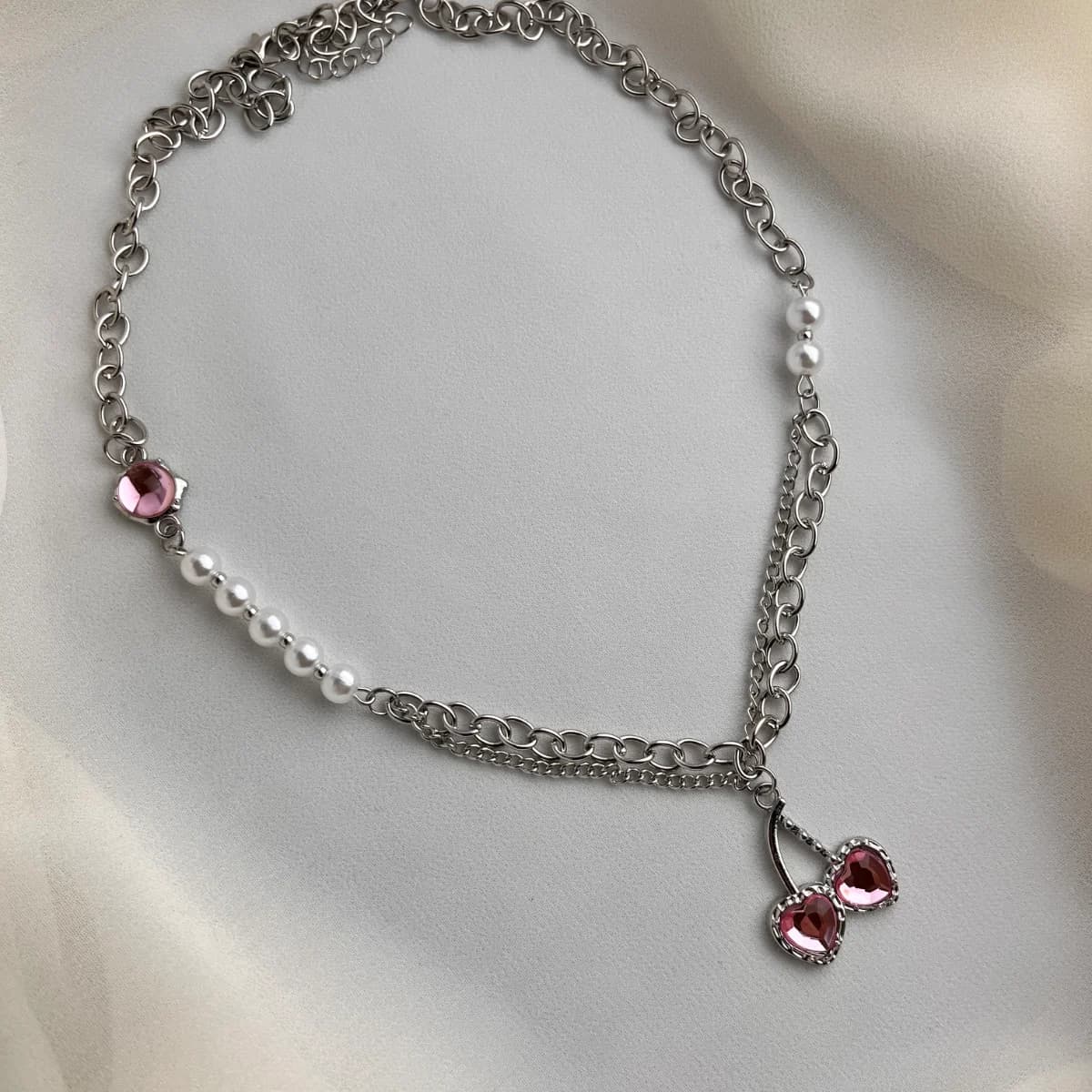 Double Pink Crystal Heart Chain Necklace — view 3