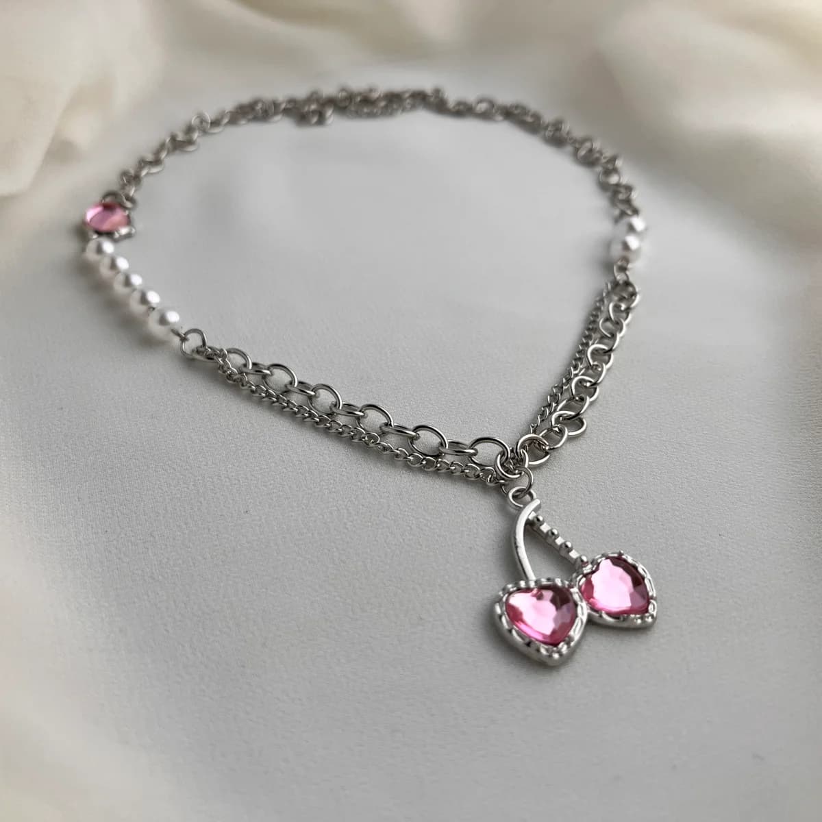 Double Pink Crystal Heart Chain Necklace — view 4