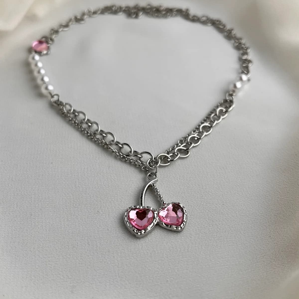 Double Pink Crystal Heart Chain Necklace — view 5