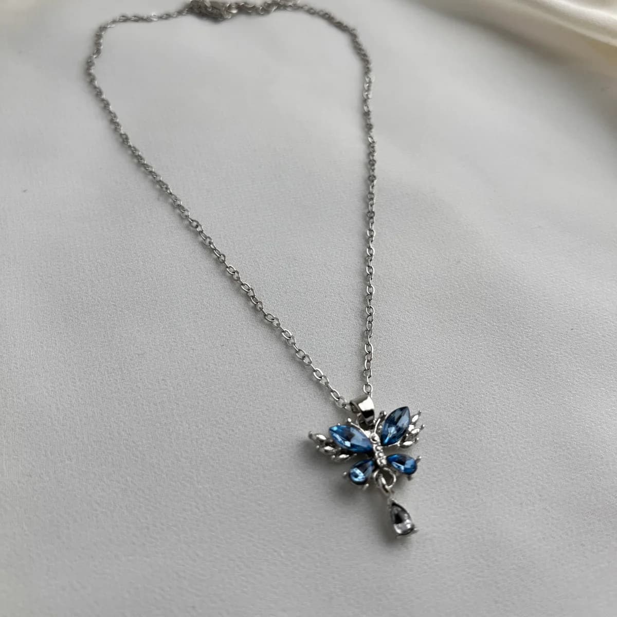 Jenmore Cerulean Morpho Silver Droplet Necklace — view 4